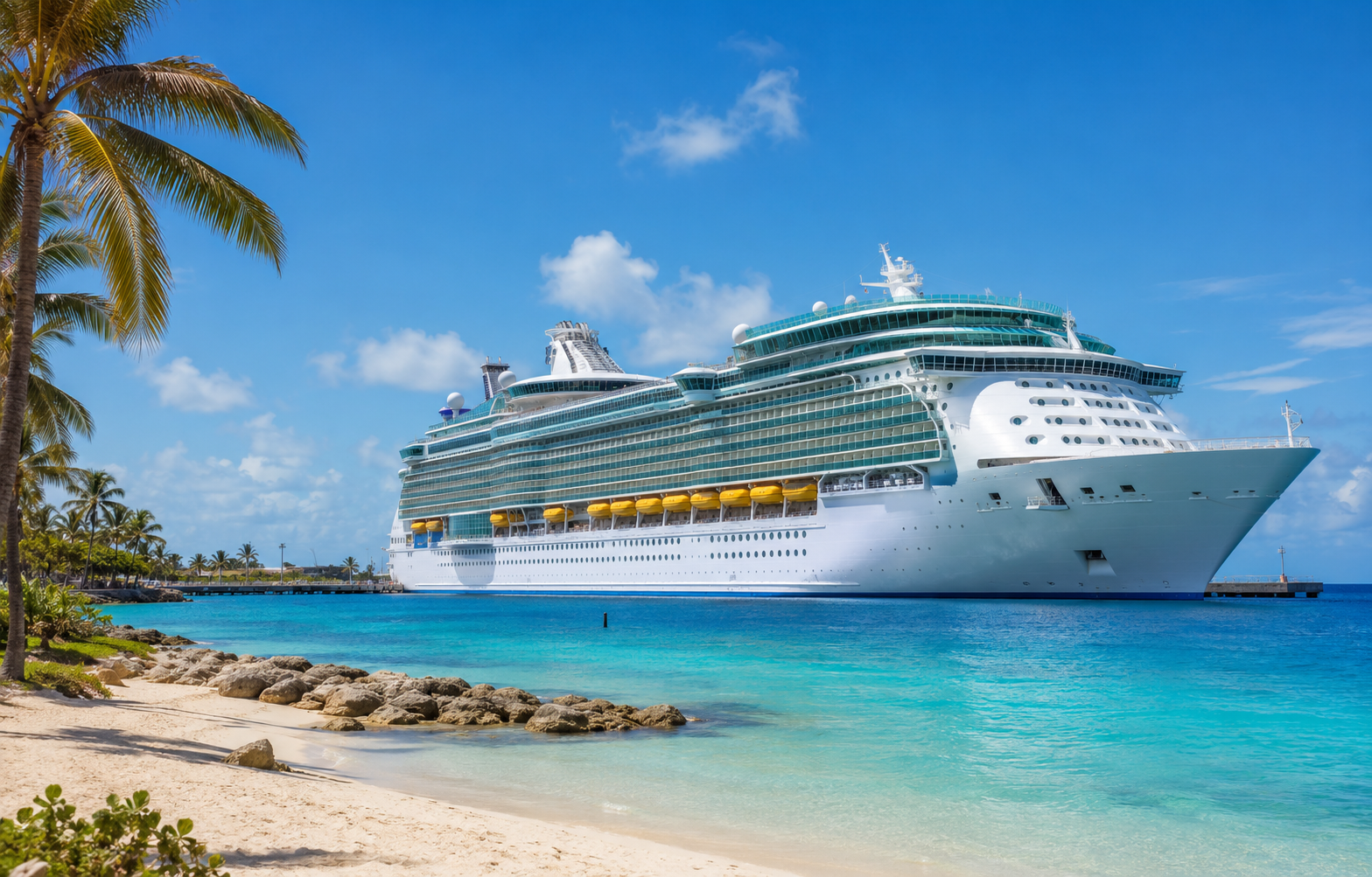 Liberty of the Seas beside a tropical Caribbean beach port